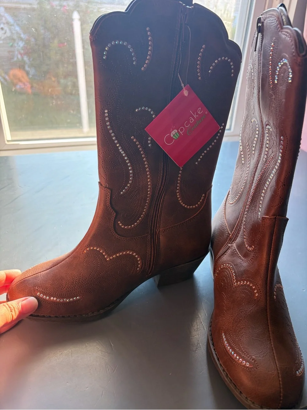 Western-Style Brown Girls Boots with Stud Detailing